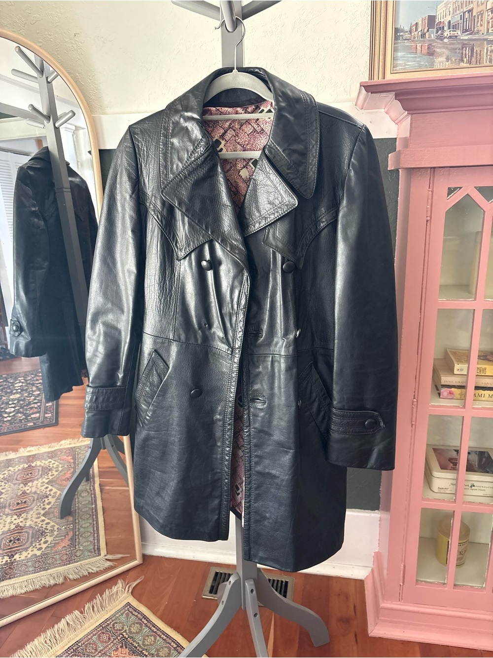 Classic Black Leather Double-Breasted Women's Coat